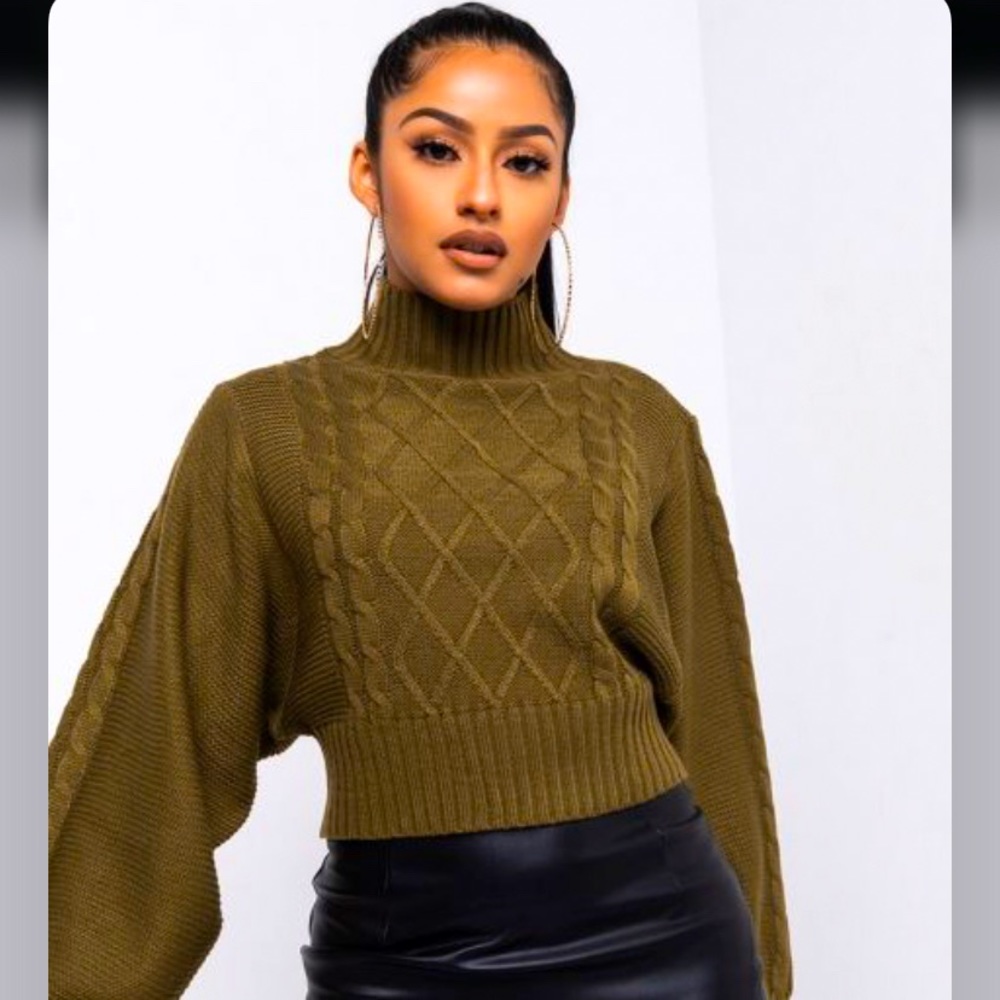 Akira high neck cropped knit olive sweater